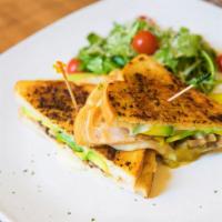 The California · Sliced roasted turkey breast, ortega chilies, Mozzarella cheese, mushrooms, and avocado on g...