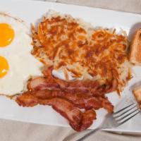Bacon & 3 Eggs · Include hashbrowns, toast, butter, and jelly.