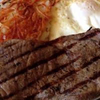 Steak & 3 Eggs · Include hashbrowns, toast, butter, and jelly.