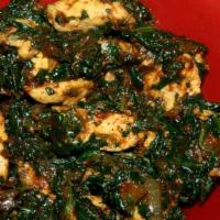 Spinach Dish (Saag) (Healthy) · Cooked w/onion,Pepper,Roasted Garlic,Tomato & herbs