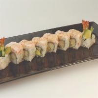 Tiger Roll · shrimp tempura, avocado, cucumber, crab salad, masago, green onion & sweet sauce