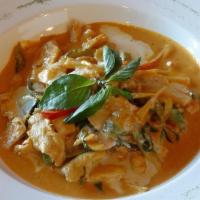 Red Curry · Hot...Have fun. Bell peppers, bamboo, and basil in red creamy curry.