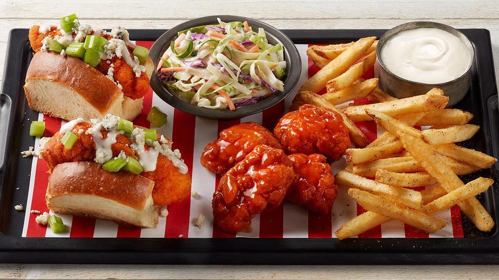 Buffalo Chicken Slammer Board · Chicken fingers tossed in Frank’s RedHot® Buffalo sauce on  mini New England rolls with Ranch, diced celery and crumbled blue cheese. Paired with 4 Boneless Buffalo Wings, coleslaw and seasoned fries.