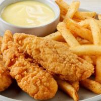 Kid'S Crispy Chicken Fingers · 3 crispy chicken fingers served with Honey Mustard dressing and kid's side choice.