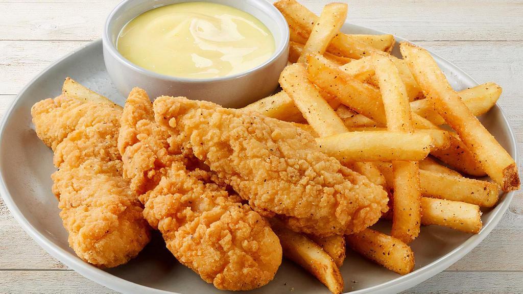 Kid'S Crispy Chicken Fingers · 3 crispy chicken fingers served with Honey Mustard dressing and kid's side choice.