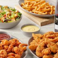 Fried Chicken & Shrimp Bundle · Crispy Chicken Fingers, Fried Shrimp, Seasoned Fries, choice of House or Caesar Salad and ch...