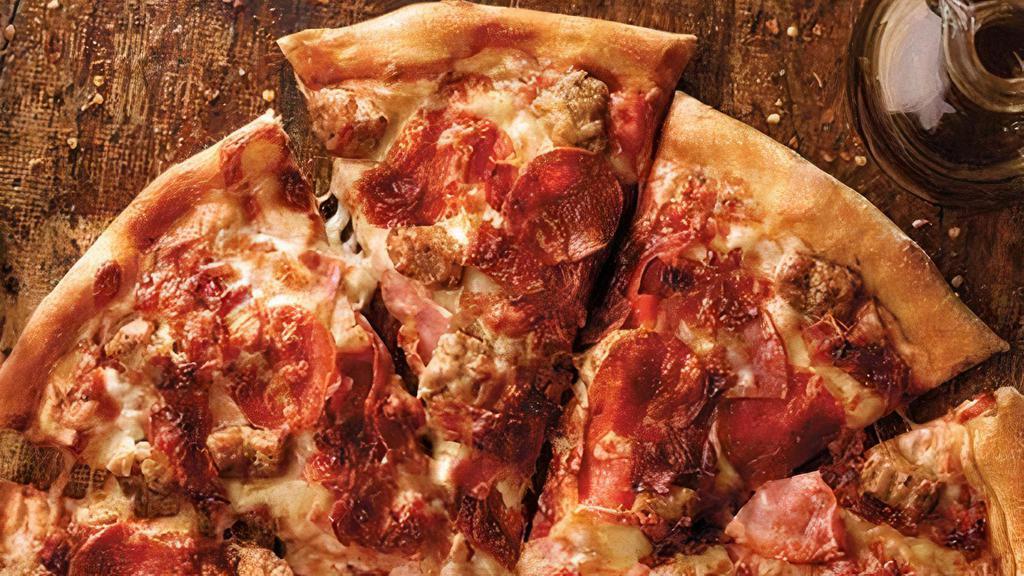 Crispy Thin Crust All Meat Pizza · Pepperoni, ham, Italian sausage, bacon, our original sauce and signature three cheeses