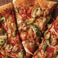 Deluxe Pizza (Large, 8 Slices) · Pepperoni, Italian sausage, mushrooms, green peppers, onions, our original sauce, and signat...