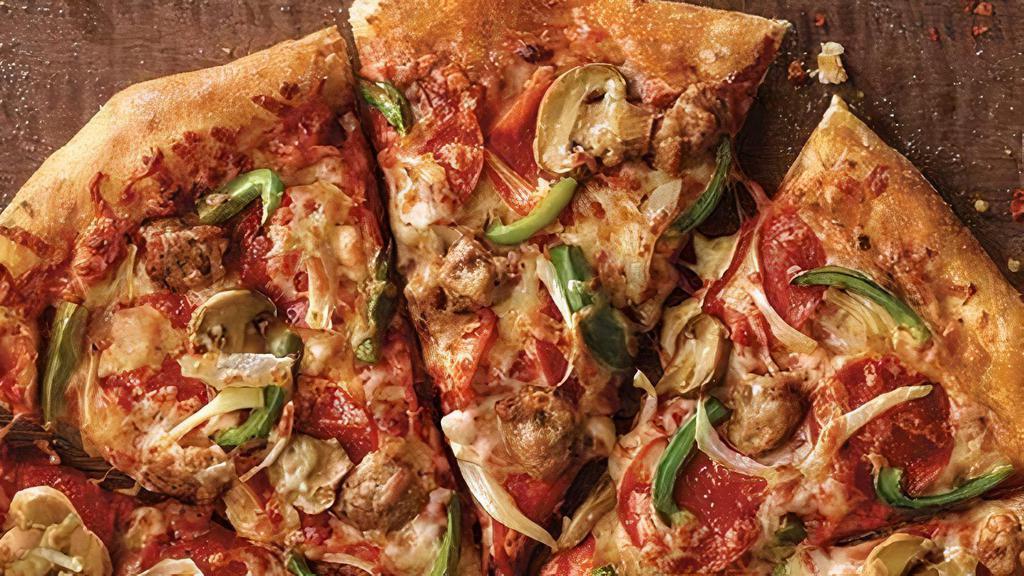 Deluxe · Pepperoni, Italian sausage, mushrooms, green peppers, onions, our original sauce, and signature three cheeses. Small: 290 cal., medium: 300 cal., large: 400 cal., extra large: 350 cal.