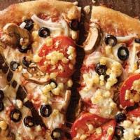 Gluten Free Crust Garden Pizza · Mushrooms, black olives, onions, sliced tomatoes, our original sauce and signature three che...