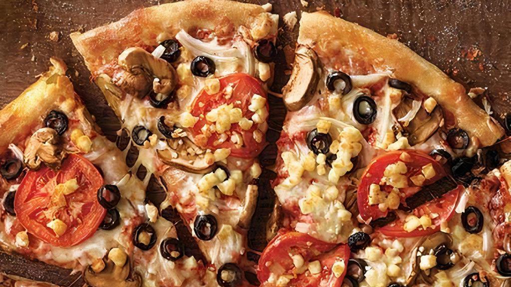 Garden Pizza (Small, 6 Slices) · Mushrooms, black olives, onions, sliced tomatoes, our signature sauce, and three-cheese blend, plus feta. Original crust: 230 cal. per slice, thick crust: 270 cal. per slice, thin crust: 180 cal. per 1/6th pizza.