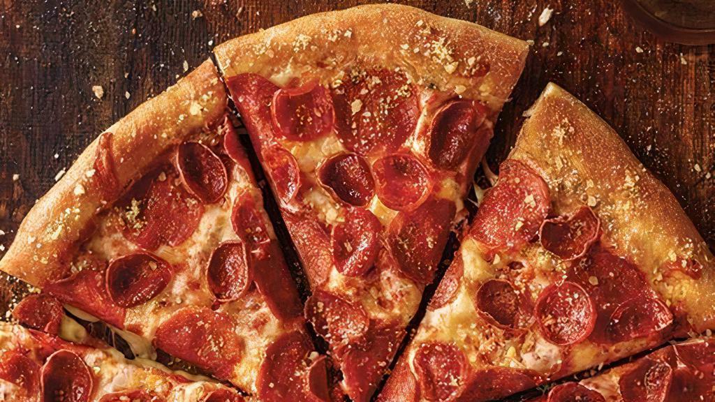 Pepperoni Magnifico (X-Large, 12 Slices) · Classic pepperoni, old world pepperoni, our signature sauce, and three-cheese blend, with romesan seasoning. Original crust: 310 cal. per slice.