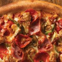 The Works Medium Pizza · Pizza sauce, cheese, original crust, pepperoni, ham, green peppers, Italian sausage, mushroo...