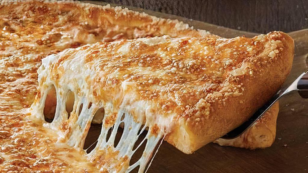 Crispy Thin Crust Big Cheese Pizza · Our original sauce and signature three cheeses, plus cheddar and shaved parmesan, topped with our parmesan cheese crust topper