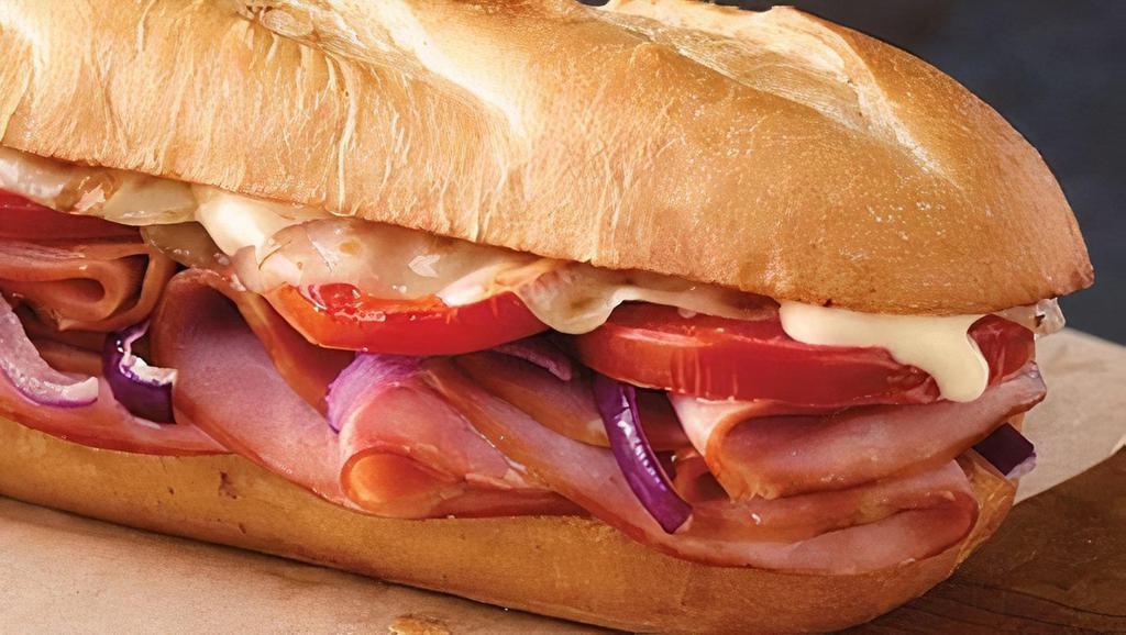Ham & Cheese · Ham, provolone cheese, tomatoes, red onions, and mayo. 580 / 1,150 cal.