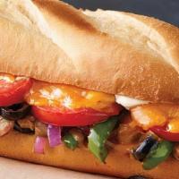 Veggie Sub · Mushrooms, green peppers, onions, black olives, tomatoes, cheddar cheese and sub dressing.
