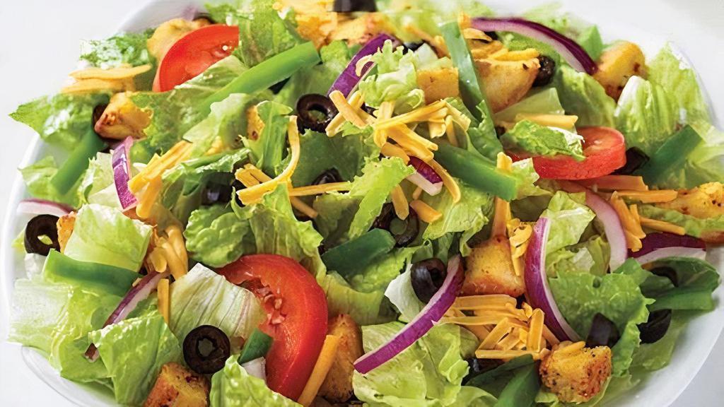 Garden Salad (Regular) · Fresh-cut lettuce blend, cheddar cheese, black olives, red onions, green peppers, sliced tomatoes, and croutons made daily; served with ranch dressing (210 added cal.). Regular (2 servings): 330 cal./165 cal. per serving.