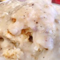 Just Biscuits & Gravy · Biscuit with gravy, bacon or sausage, eggs
