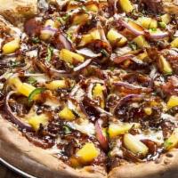 The Dau Pizza · BBQ sauce base, pepperoni, red onion, pineapple, bacon, and chopped jalapenos, mozzarella ch...
