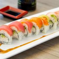  Rainbow Roll · IN: crab meat, cucumber, avocado. out: tuna, salmon, red snapper, shrimp, avocado.