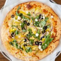 Greek · Artichoke hearts, roasted pepper, banana pepper, basil, feta cheese & mozzarella on olive oi...