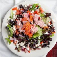 Antipasto Salad · Spring mix, ham, salami, pepperoni, mushroom, red onion, black olives, tomatoes and feta.
