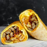 Bacon, Sausage, Egg, And Cheddar Burrito · 3 fresh cracked cage-free scrambled eggs, melted Cheddar cheese, smokey bacon, Italian link ...