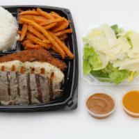 3 Stix Plate · Served with rice, salad  and a side. All stix approx. 4 oz each. All meats served are halal.