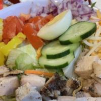 Grilled Chicken Salad · Iceberg and Spring Greens with Grilled Chicken, Jack, Cheddar, Red Onion, Tomato, Wax Pepper...