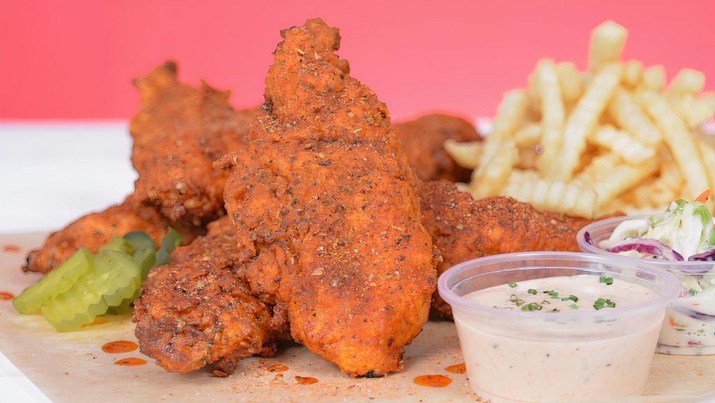 5 Jumbo Hot Tender Combo · 5 of our famous, jumbo, hand-breaded chicken tenders drenched in Nashville Hot Sauce. Served with French Fries, Coleslaw, and choice of a side of our famous Special Sauce or Homemade Ranch Dressing