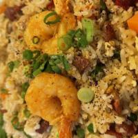 Combination Fried Rice / Cơm Chiên Dương Châu · Shrimp, Chinese roast pork (char siu), Chinese sausage (lap Cheong), egg, carrots, peas, & j...