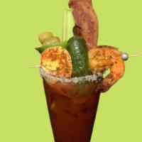 Mega Bloody Mary · egg with tajin chili-lime seasoning, blackened shrimp, grilled jalepeño, candied bacon, oliv...