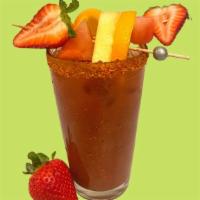 Tajin Citrus Fruit Bloody Mary · Fresh strawberry, orange, watermelon, pineapple, and tajin chili-lime seasoning.