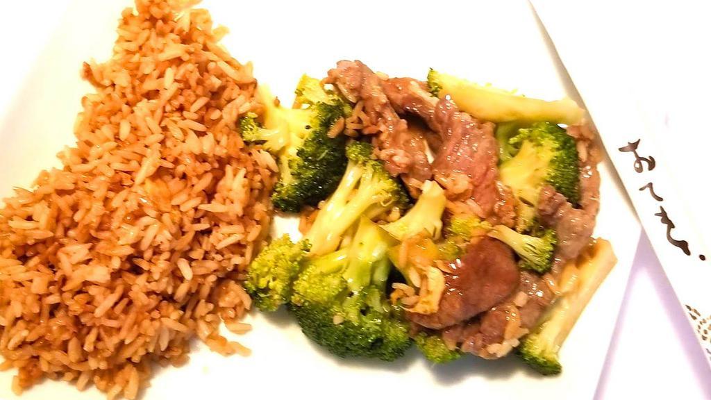 Broccoli With Beef · tender beef stir fry with garlic and fresh broccoli in brown sauce. Quart size. Feeds 2-3 people. Served with steamed rice.