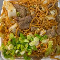 Beef Chow Mein · Noodles stir fried with eggs, onions, cabbage, shredded carrots along with beef and topped w...