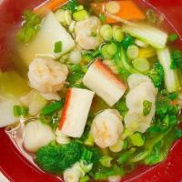 Seafood Vegetable Soup · Soup with shrimps, imitation crab, fish and squid balls with vegetables in flavorful broth t...