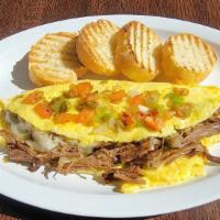Beef Omelet · Beef, 3 eggs, green pepper, onion, tomato, beef bacon, cheddar, and mini-baguette.