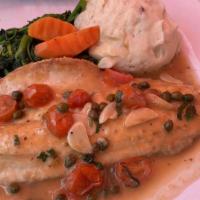 Branzino Ai Carciofi · Fresh Sea Bass with wine, lemon, capers and artichoke sauce. Served with Mashed Potatoes and...
