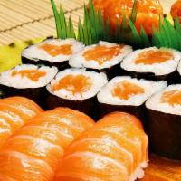 Salmon Lover · Eight salmon rolls and three salmon sushi, two spicy salmon sushi.