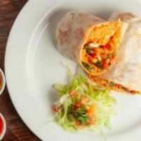 Burritos · Soft flour tortillas, rolled and filled with choice juicy beef, tender chicken or refrito be...