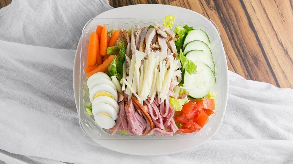 Julienne Salad · Crisp lettuce topped with ham, American cheese, turkey, hard boiled egg, tomato, olives and choice of dressing on side.