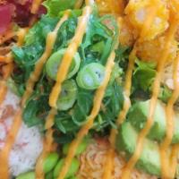 Lv Raiders · Tempura shrimp, crab salad, lettuce, cucumber, carrot, avocado with Yum Yum sauce and sushi ...