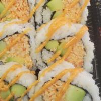 Crunch Roll · Crab salad, cucumber, avocado, crispy onions with spicy mayo and sushi sauce and vinegar ric...