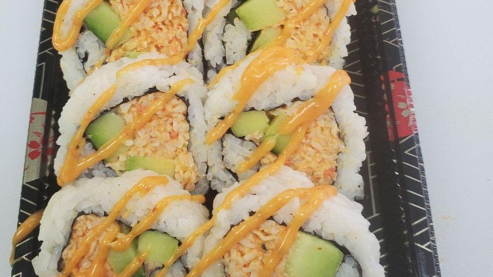 Crunch Roll · Crab salad, cucumber, avocado, crispy onions with spicy mayo and sushi sauce and vinegar rice 