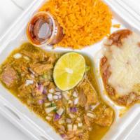 Chile Verde Plate · Pork cooked in tomatillo 
Green sauce, served with Spanish rice,	
Refried beans and 4 fresh ...