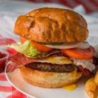 Superb Burger · 100% Angus 1/3 patty, Hawaiian Hamburger Bun,  Pastrami, Egg, Lettuce, Tomato, Onion, Pickle...