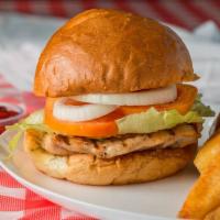 Chicken · Grilled Chicken Breast, Hawaiian Hamburger Bun, Lettuce, Tomato, Onion, 1000 Island Dressing.