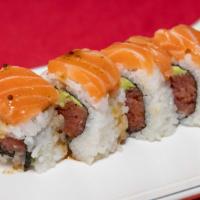 Alaska (8) · Spicy tuna roll with salmon on top.