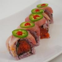 Lemontail Roll(8Pcs) · Yuzu ponzu, hot sauce. In: spicy tuna. Out: yellowtail, jalapeño.