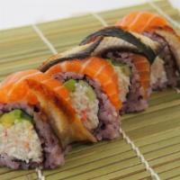 Tiger Roll (8Pcs) · Spicy mayo, eel sauce. In: cali roll. Out: salmon, eel.